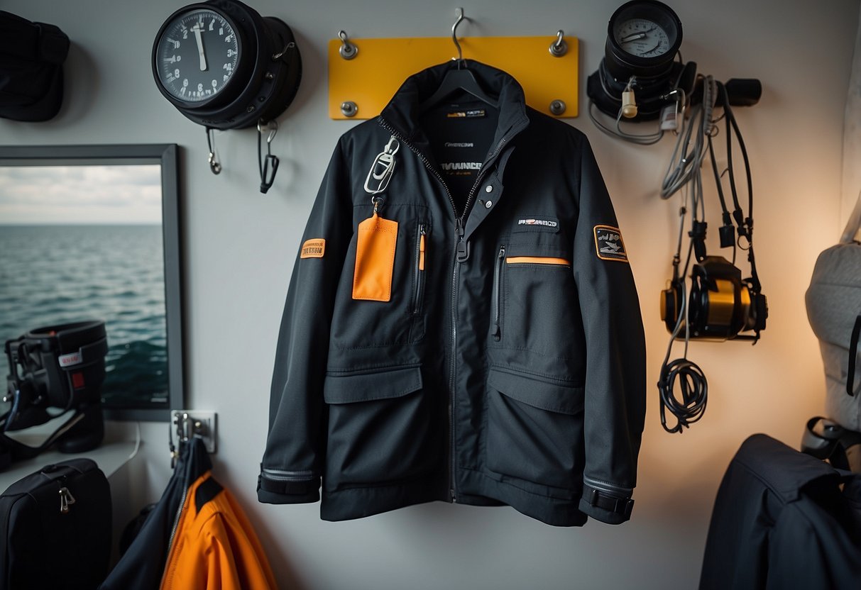 A diver's jacket hangs on a hook, surrounded by diving equipment. A maintenance checklist is pinned nearby, with the 5 best lightweight jackets listed