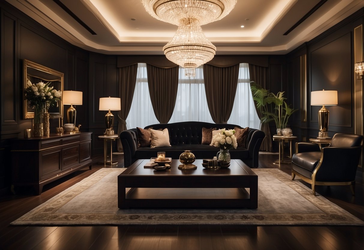 The room is adorned with luxurious, dark wood furniture, gleaming under soft lighting. The elegant pieces exude opulence and sophistication, creating an atmosphere of refined luxury