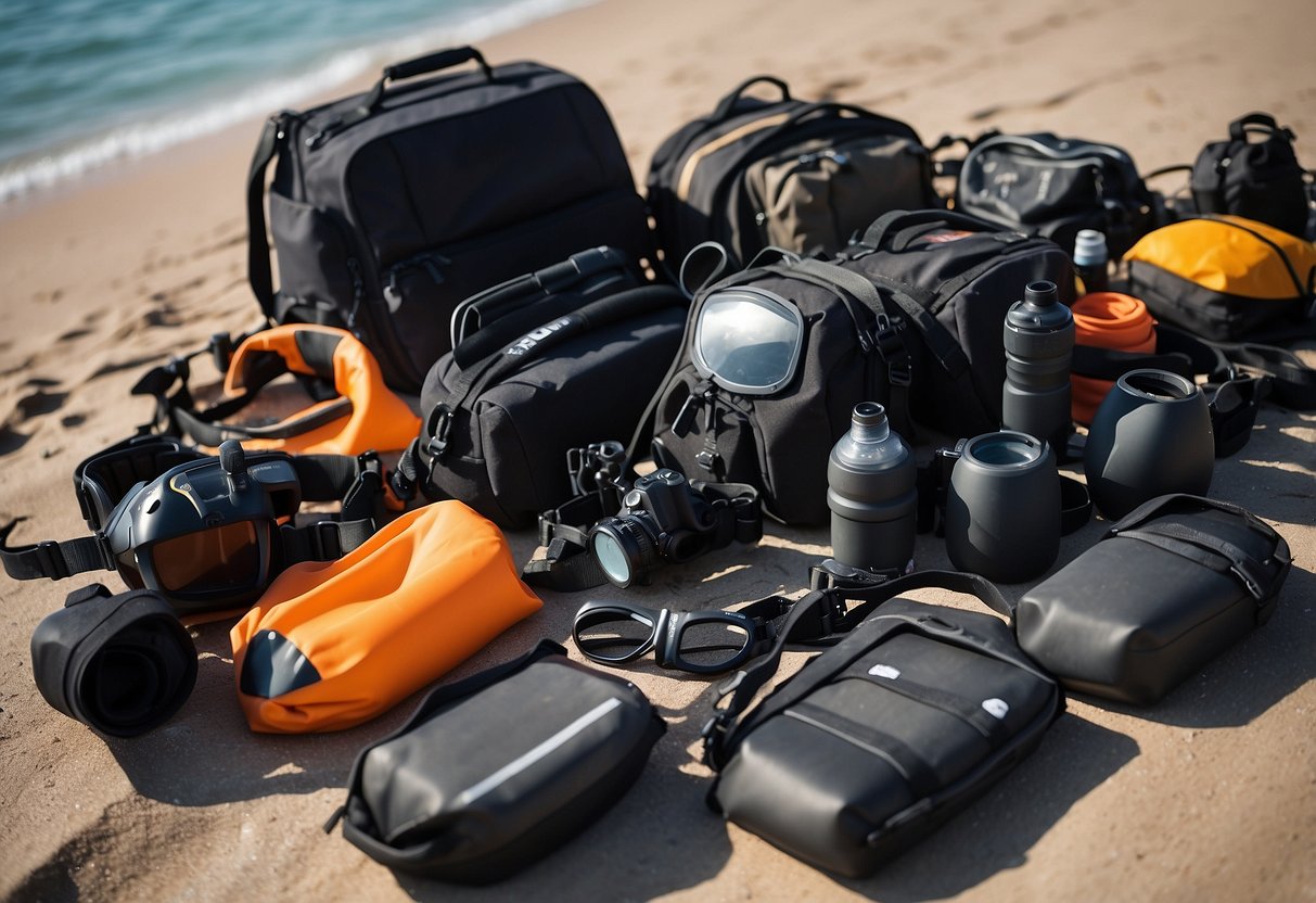 Diving gear laid out on a dry surface, with waterproof bags, cases, and containers arranged neatly to protect equipment from water