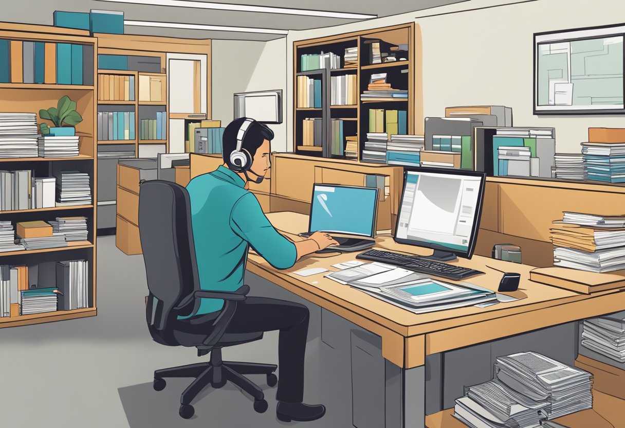 A customer service representative answering questions at a desk with a computer and phone, surrounded by shelves of furniture catalogs