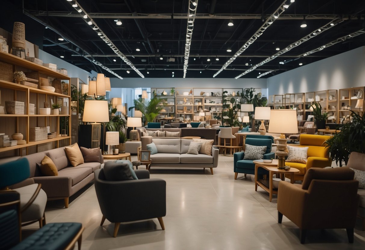 Customers browsing through aisles of affordable furniture, colorful displays, and modern designs in a bustling Singapore budget furniture store