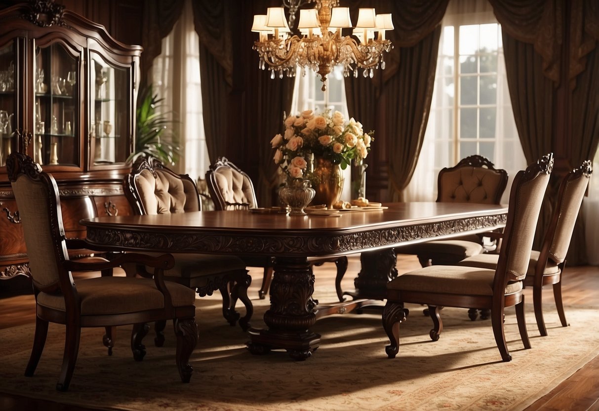 A grand dining table, crafted from rich mahogany, gleams under the warm glow of a chandelier. Ornate carvings and intricate inlays adorn the luxurious surface, showcasing the timeless beauty of expensive wood furniture