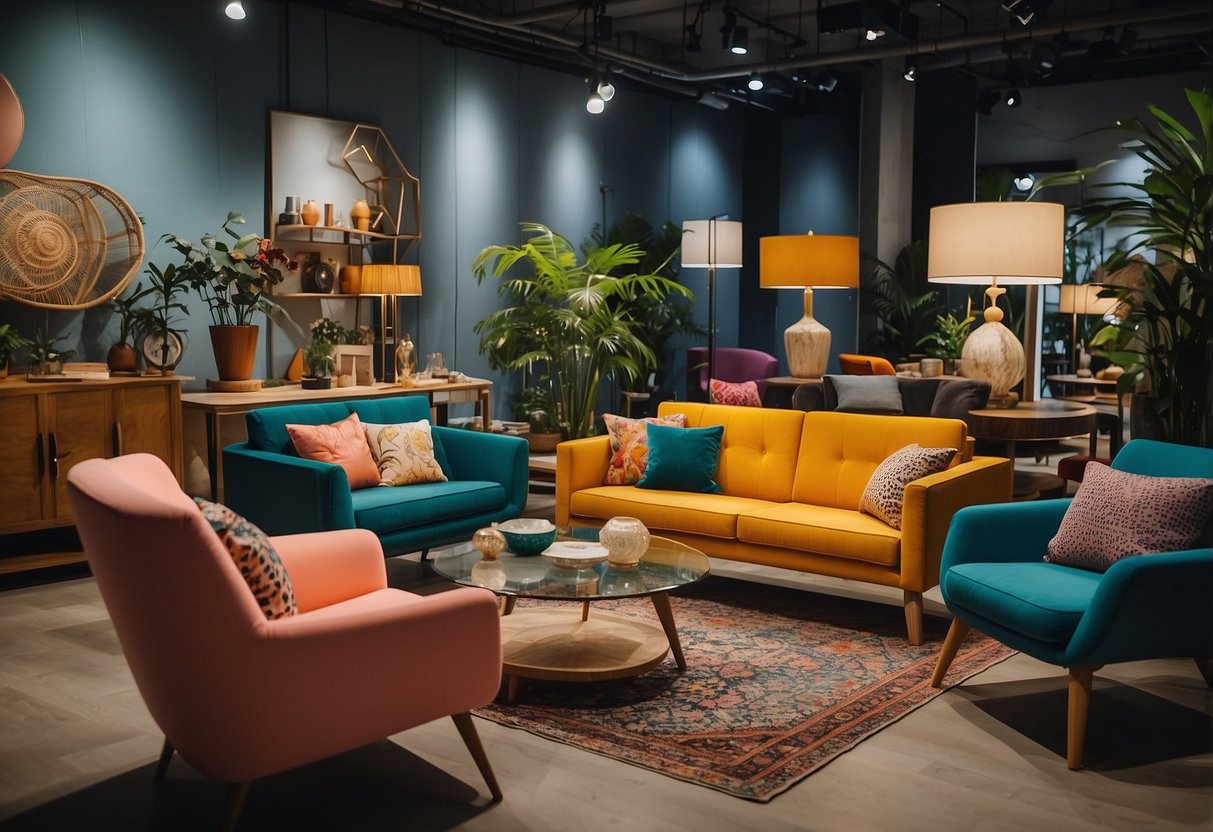 A colorful, eclectic array of furniture fills a bustling Singapore showroom, showcasing unique and quirky designs