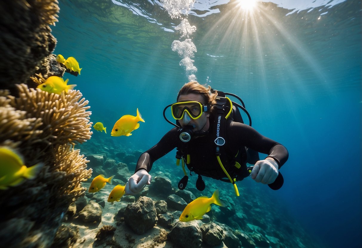 A diver descends into the crystal-clear water, equipped with a waterproof camera housing. Brightly colored fish swim around as the diver explores the vibrant underwater landscape