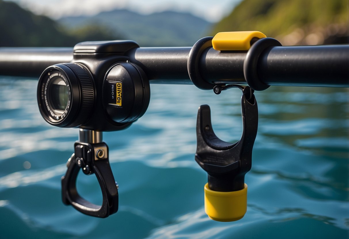 A scuba diving gear clip descends on a line, surrounded by various waterproofing methods