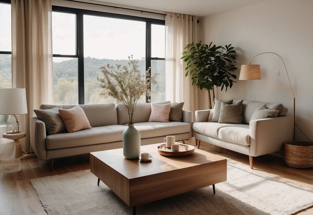 A cozy living room with affordable furniture: a simple sofa, a sleek coffee table, and a stylish floor lamp. Bright, airy space with light-colored walls and a large window letting in natural light