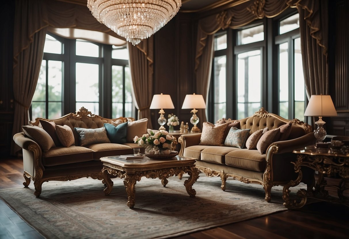 Luxurious sofa, ornate coffee table, and elegant armchair arranged in a grand living room with intricate details and opulent fabrics