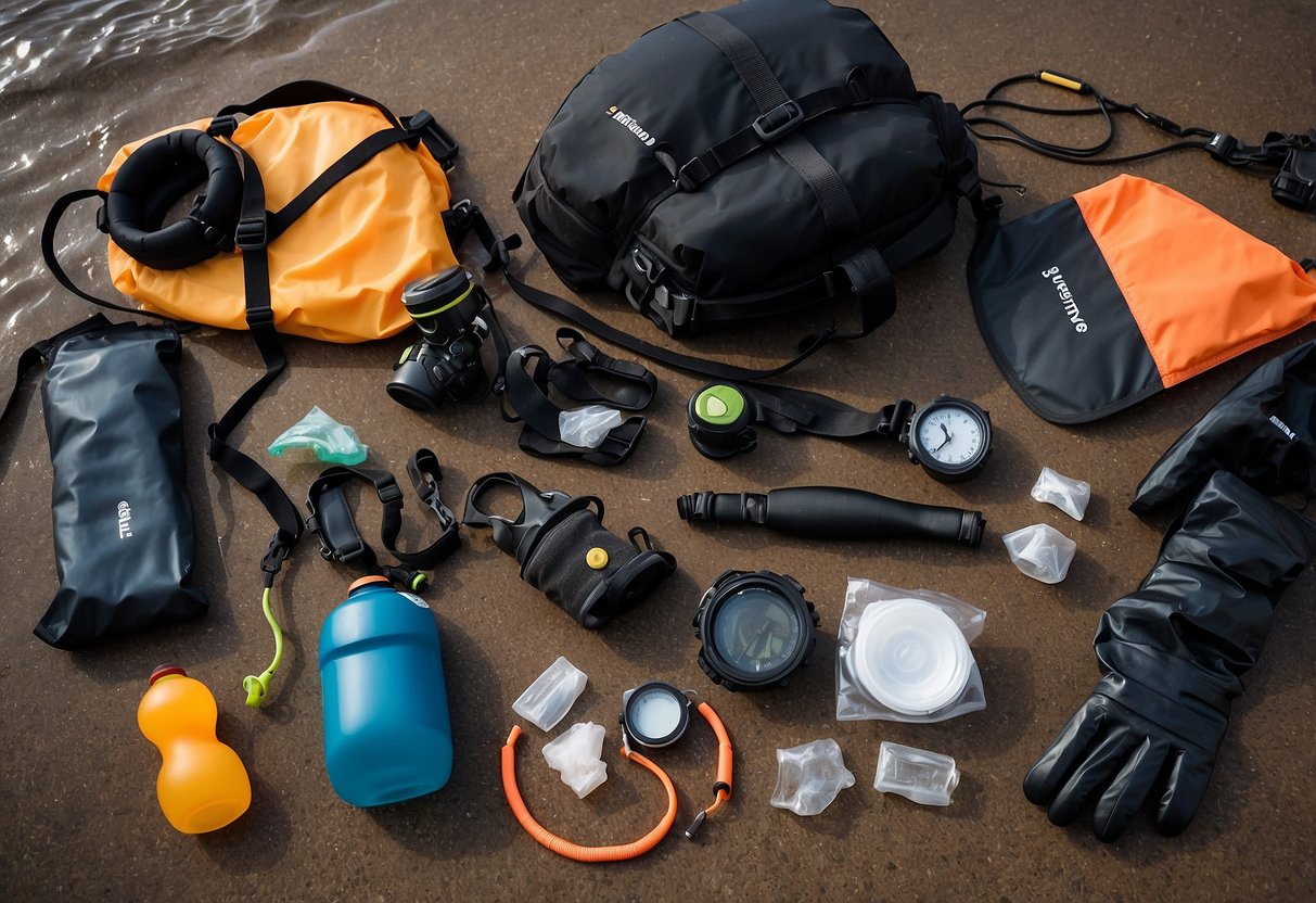 A diver's gear laid out on a dry surface, surrounded by various waterproof containers and bags. A dry glove system is prominently displayed, with other methods for keeping gear dry scattered around