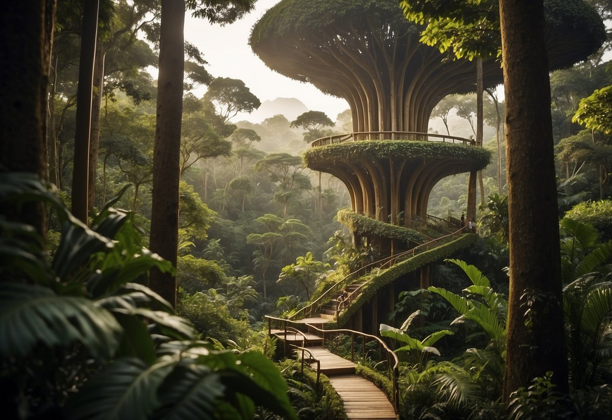 Exotic trees tower over a lush forest, their rare wood coveted for its luxurious beauty. A craftsman carefully selects and shapes the prized material into exquisite furniture