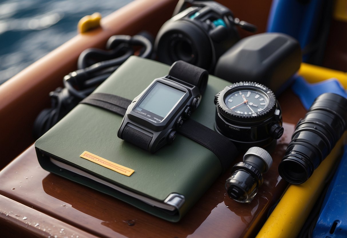 A diver's gear sits on a boat deck, surrounded by waterproof notebooks and sealed containers. Water droplets bead on the surface, emphasizing the need for dry gear