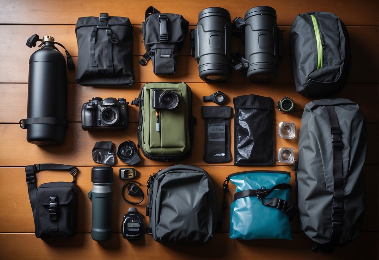 A diver's gear laid out on a waterproof mat, surrounded by waterproof bags, dry cases, and sealed containers. A waterproof flashlight and a waterproof phone case are also visible