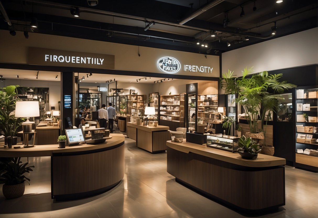 A busy furniture store in Singapore with customers browsing shelves and staff assisting. Bright signage displays "Frequently Asked Questions" above a help desk