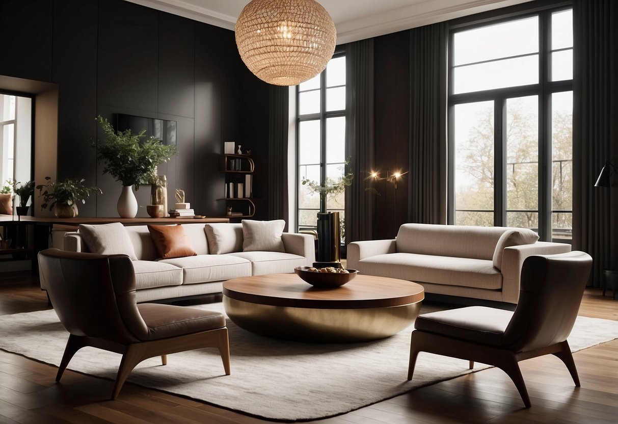 A sleek, modern living room with a large, luxurious wood dining table surrounded by elegant chairs. The room is filled with expensive wood furniture, including a grand bookshelf and a stunning coffee table