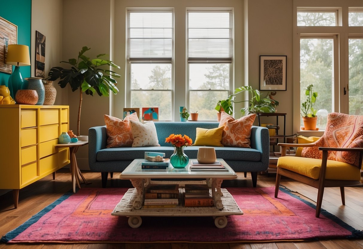 A bright, eclectic living room with colorful, mismatched furniture and bold patterns. A mix of vintage and modern pieces create a playful and unique space