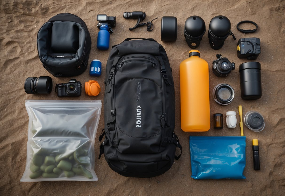 Diving gear laid out on a dry surface. Airtight containers, silica gel packs, and waterproof bags are used to store and protect the gear