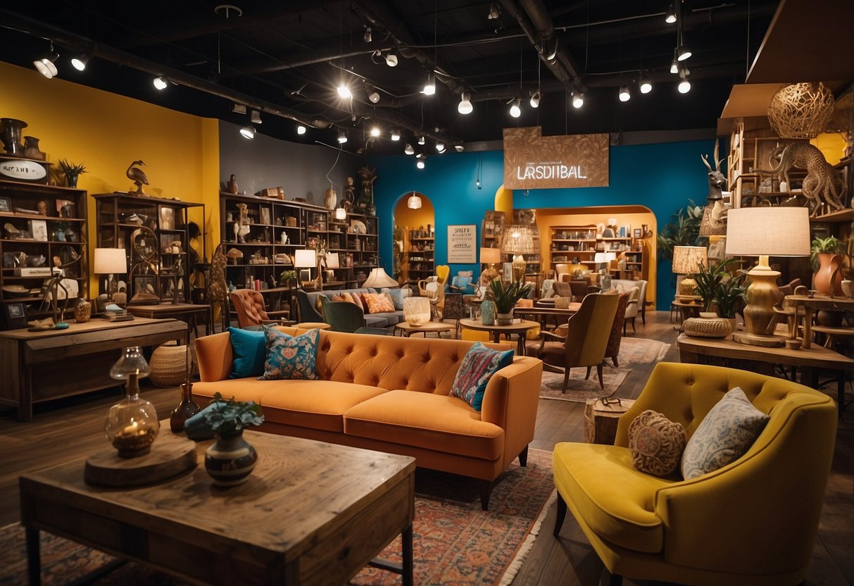 A colorful, eclectic furniture store with unique, whimsical pieces. Customers browse through shelves and displays, admiring the quirky designs