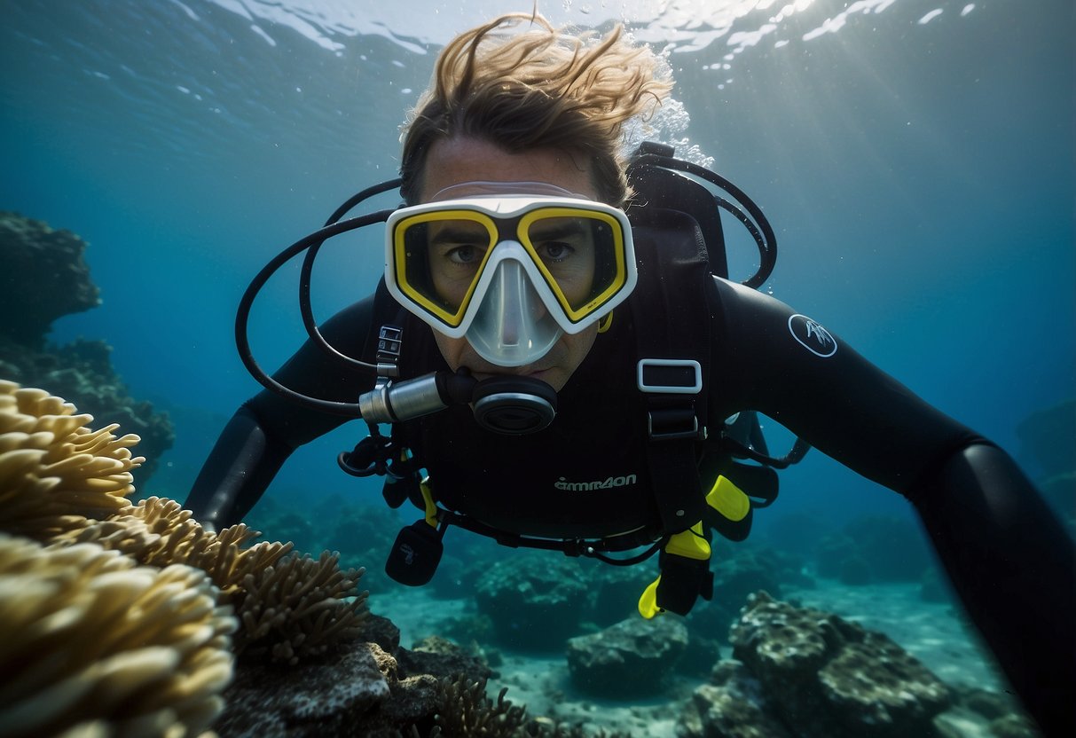 A diver navigates through strong currents, using a reef hook to secure themselves. They maintain a streamlined position and use slow, deliberate movements to conserve energy and stay safe