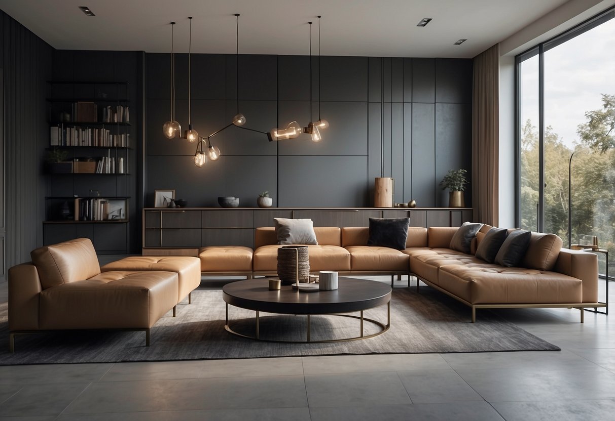 A modern living room with sleek, minimalist furniture in various styles and materials, such as leather, wood, and metal