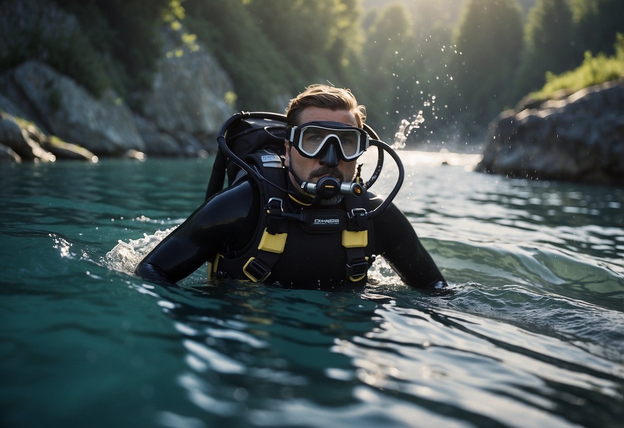 A diver in high currents follows a trained guide, using proper techniques to navigate the water. The guide signals and leads the way through the challenging underwater environment