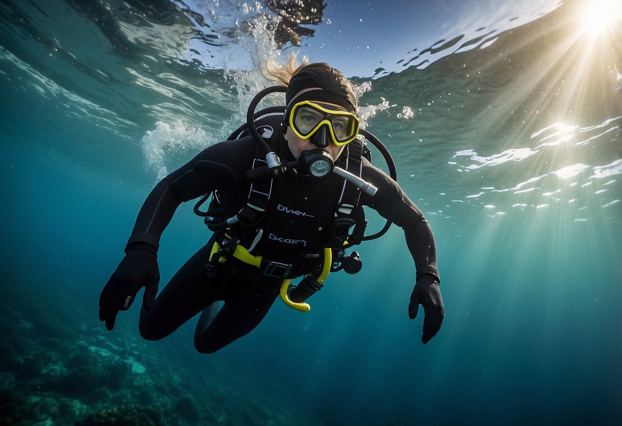 A diver navigates through strong currents, mapping out exit points in advance. Seven tips for diving in high currents are highlighted