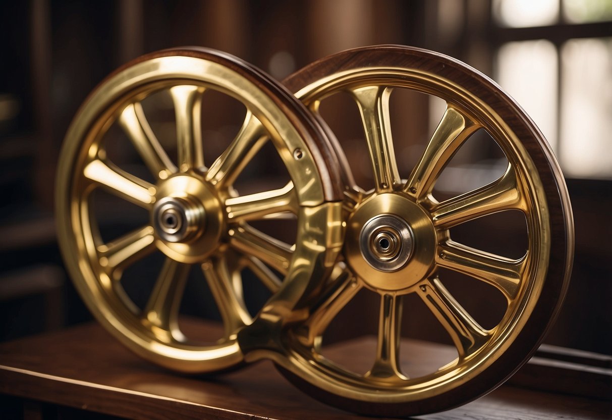 Brass wheels attached to wooden furniture, gleaming in the soft light