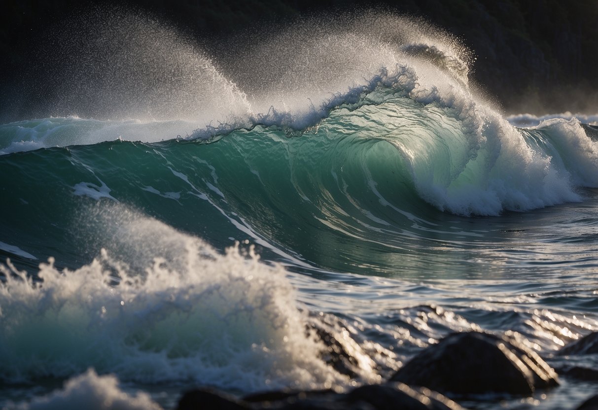 Waves crash against rocky shore, creating strong currents. Debris floats by as water churns. Use of drift techniques evident