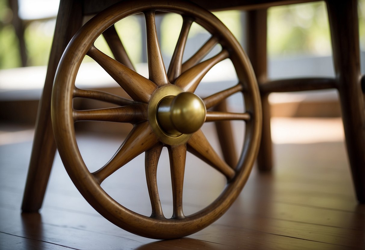 A brass wheel rolls under a wooden chair leg, used for furniture