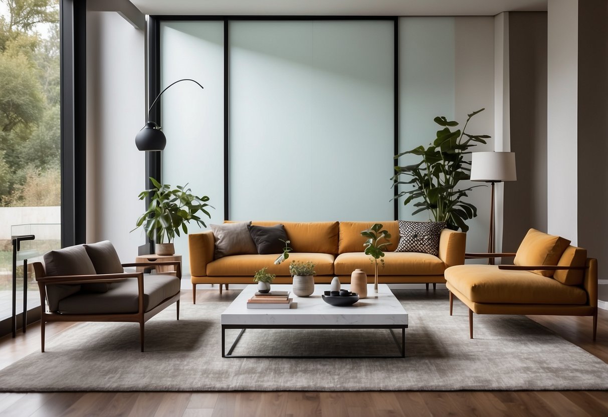 A modern living room with sleek, minimalist furniture, clean lines, and bold colors. The space is well-lit with natural light and features geometric patterns and textures