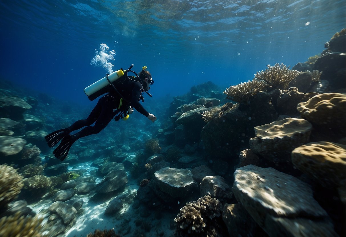 A diver navigating through strong currents, using proper techniques to maintain control and stay safe. Deep blue water swirling around rocks and coral, with the diver's equipment streamlined and secure