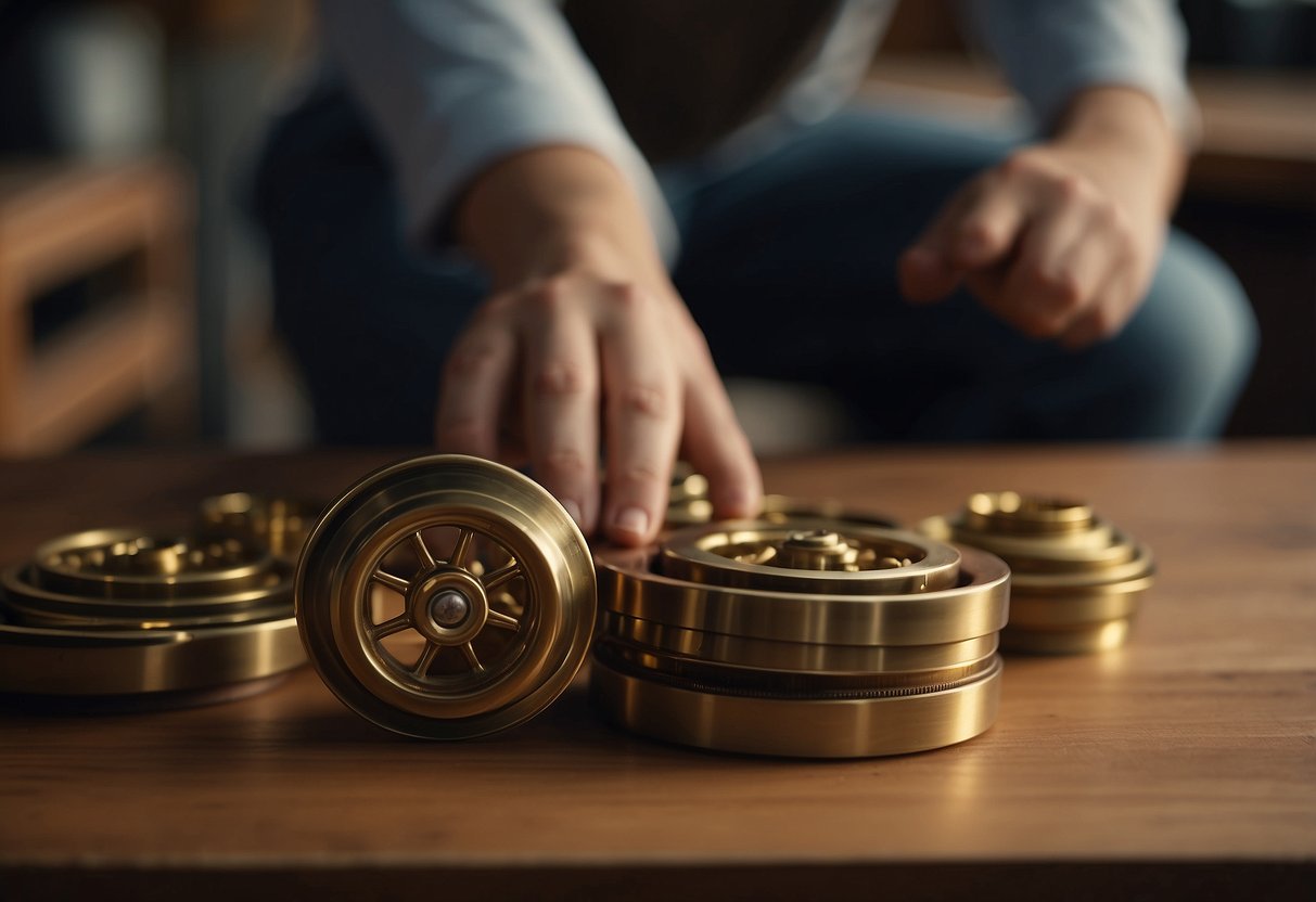 A person selects and attaches brass wheels to a wooden furniture piece
