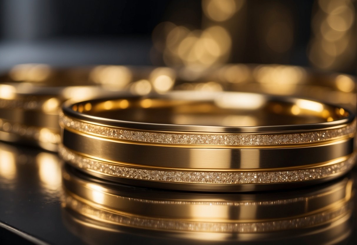 Gold metal strips adorn sleek furniture, catching the light with a luxurious shimmer