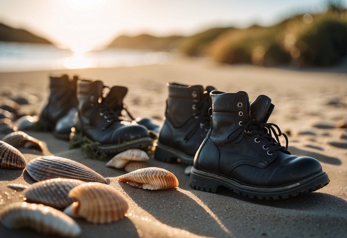 A row of 5 diving boots lined up on a sandy beach, surrounded by seashells and seaweed, with a gentle wave washing up in the background