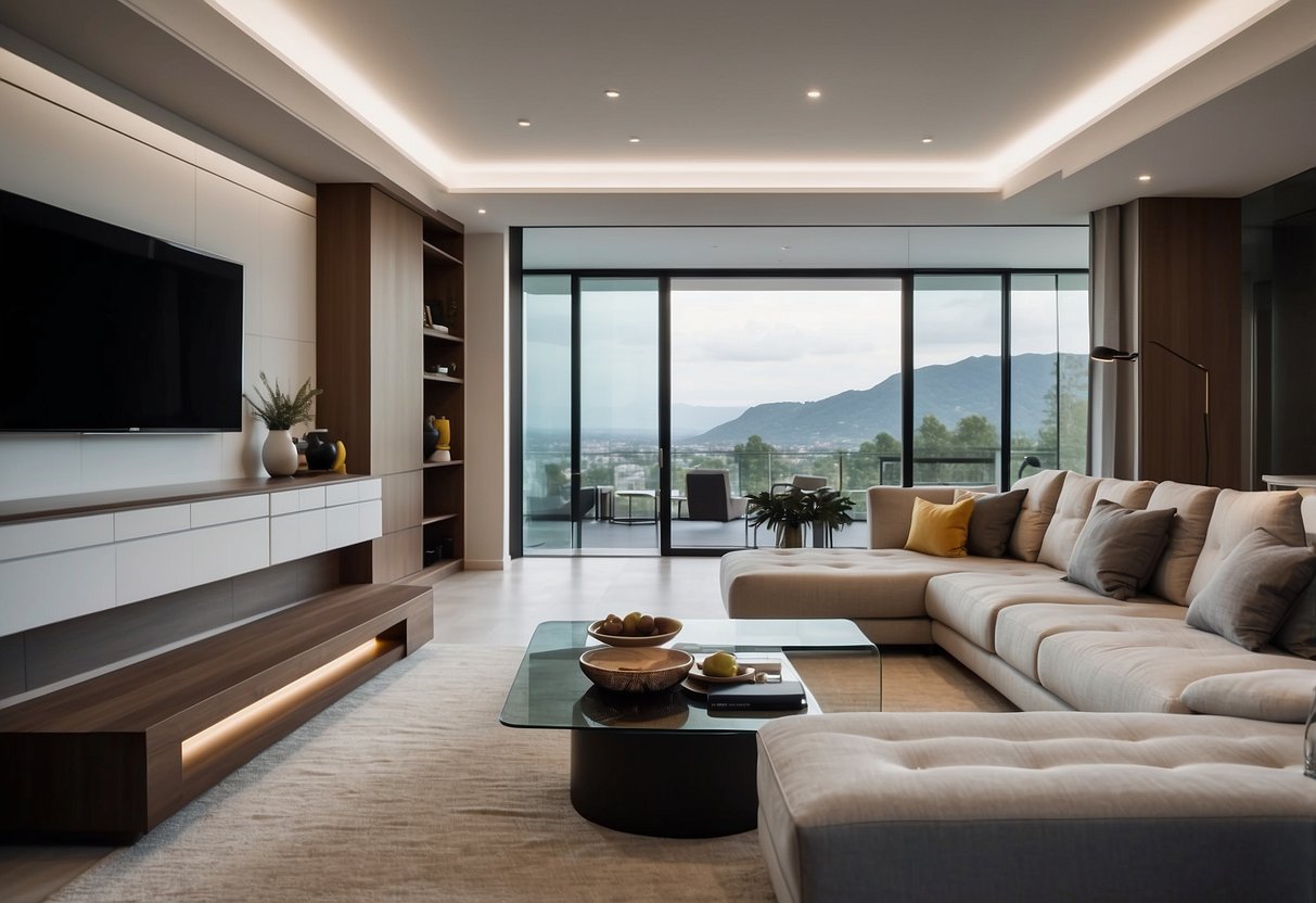 A modern living room with sleek, minimalist furniture and clean lines. A large, statement piece in the center draws the eye, surrounded by smaller, functional pieces