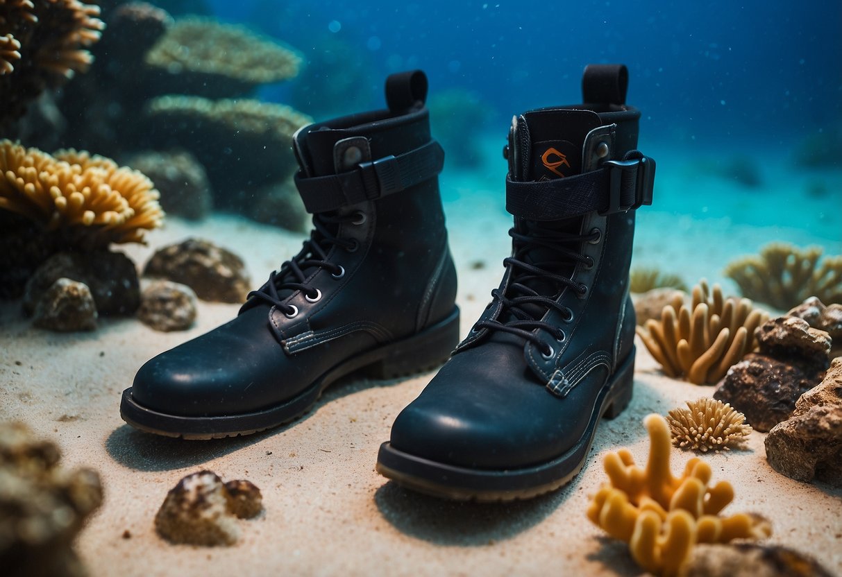 A pair of XS Scuba Thug Dive Boots sits on a sandy ocean floor, surrounded by colorful coral and tropical fish. The boots are sturdy and comfortable, ready for a diver's adventure