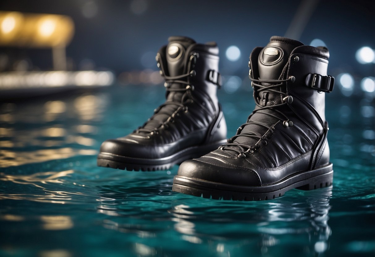 A pair of diving boots with reinforced soles and ankle support, surrounded by water and diving equipment, with a list of "5 Best Diving Boots for Comfort" in the background