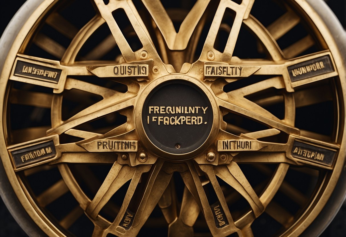 Brass wheels arranged in a grid pattern, with a label reading "Frequently Asked Questions" in bold lettering