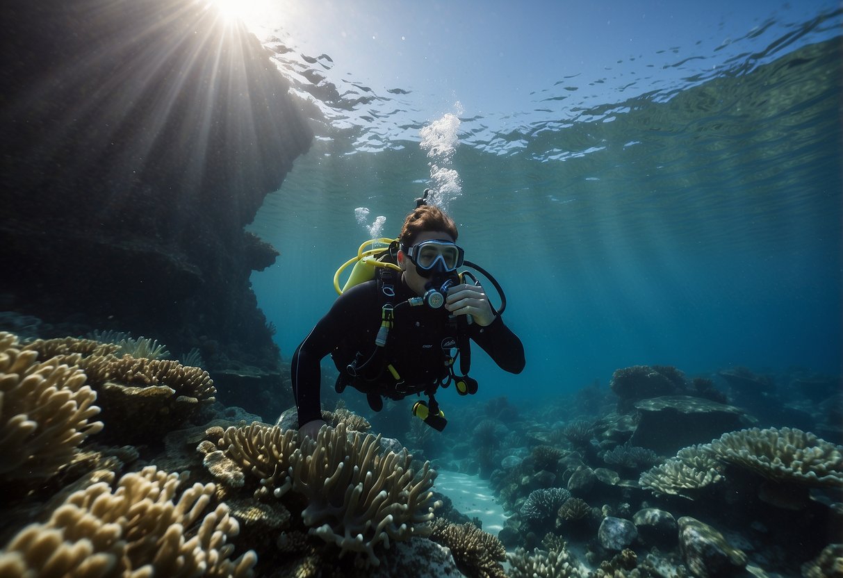 A diver checks their equipment, descends into clear water, navigates through a coral reef, and signals to their buddy. They maintain buoyancy and monitor air supply, while respecting marine life and following safety protocols