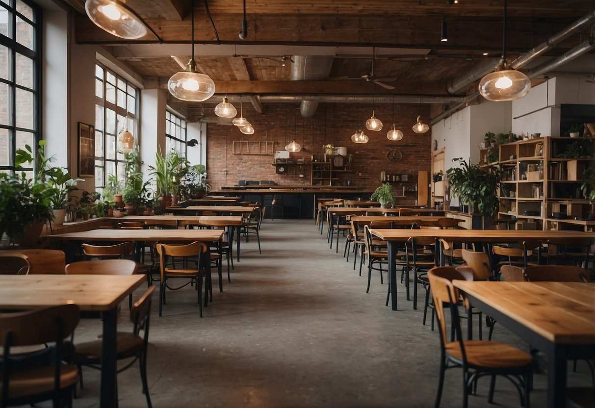 A room filled with repurposed chairs and tables, made from reclaimed wood and metal, creating a cozy and sustainable atmosphere