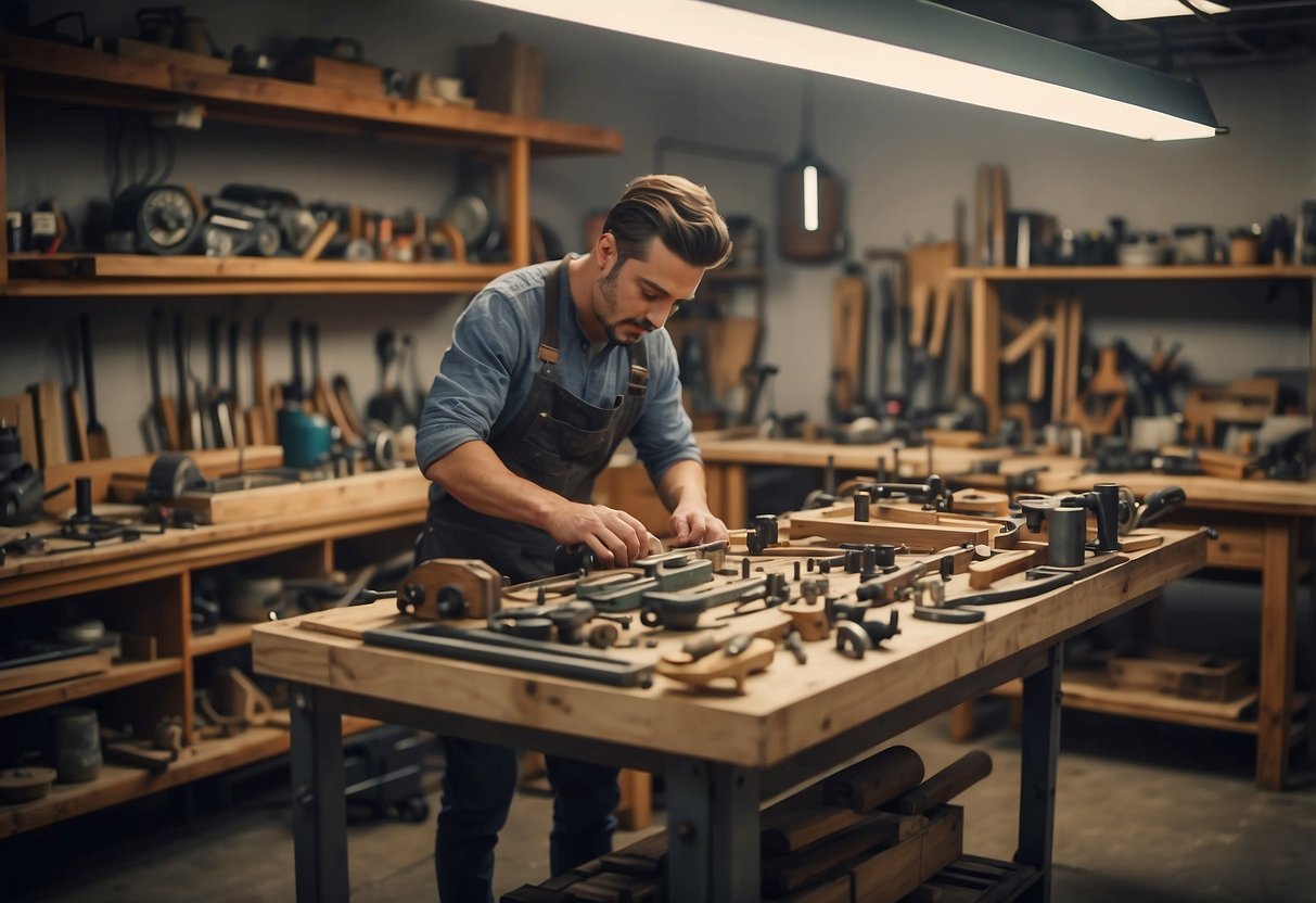 A workshop with tools and materials, shelves of varied recycled furniture pieces, and a craftsman assembling a unique piece