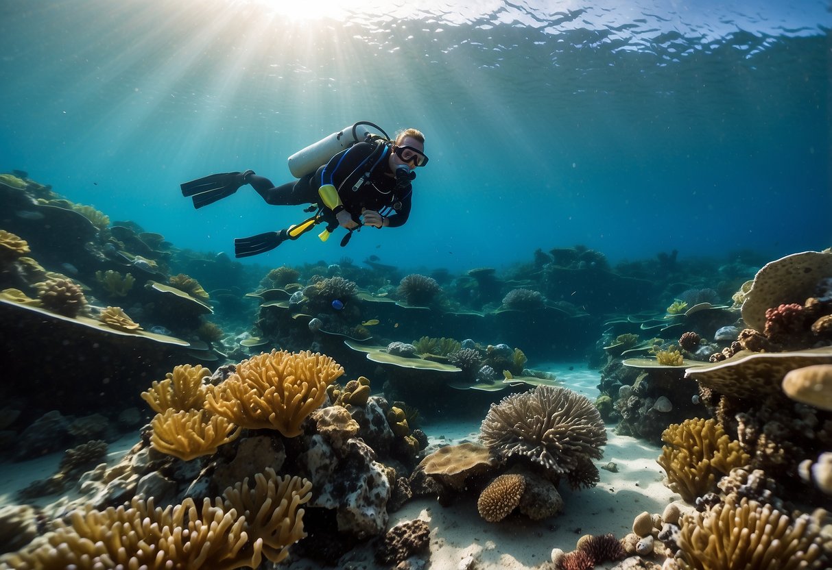 Vibrant coral reef with diverse marine life, clear blue water, and a scuba diver demonstrating safe diving techniques