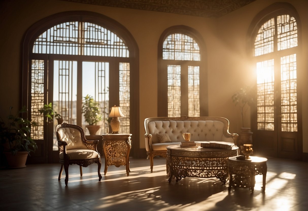 A room with bone inlay furniture, sunlight streaming in, casting intricate shadows. Items are arranged neatly, creating a sense of elegance and luxury