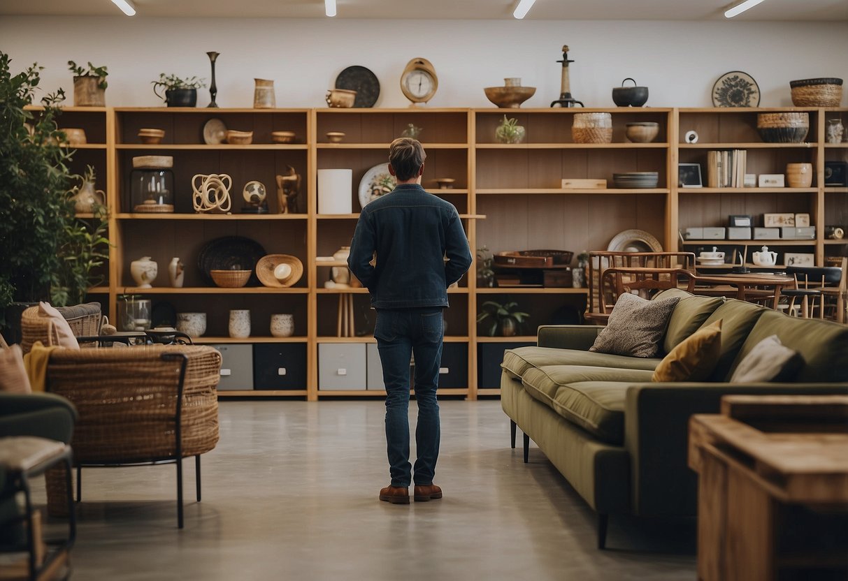 A person browsing through a variety of recycled furniture options in a spacious, well-lit showroom. Shelves and racks are filled with unique, upcycled pieces, while the person carefully examines each item