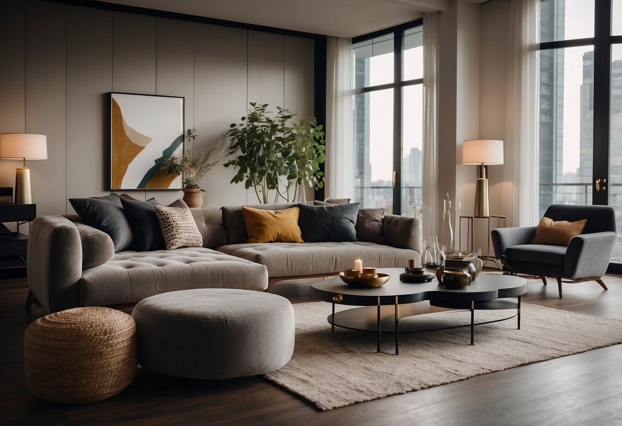 A spacious living room with elegant, modern furniture from Furnishing Your Space. A sleek sofa, stylish coffee table, and contemporary lighting create a sophisticated atmosphere