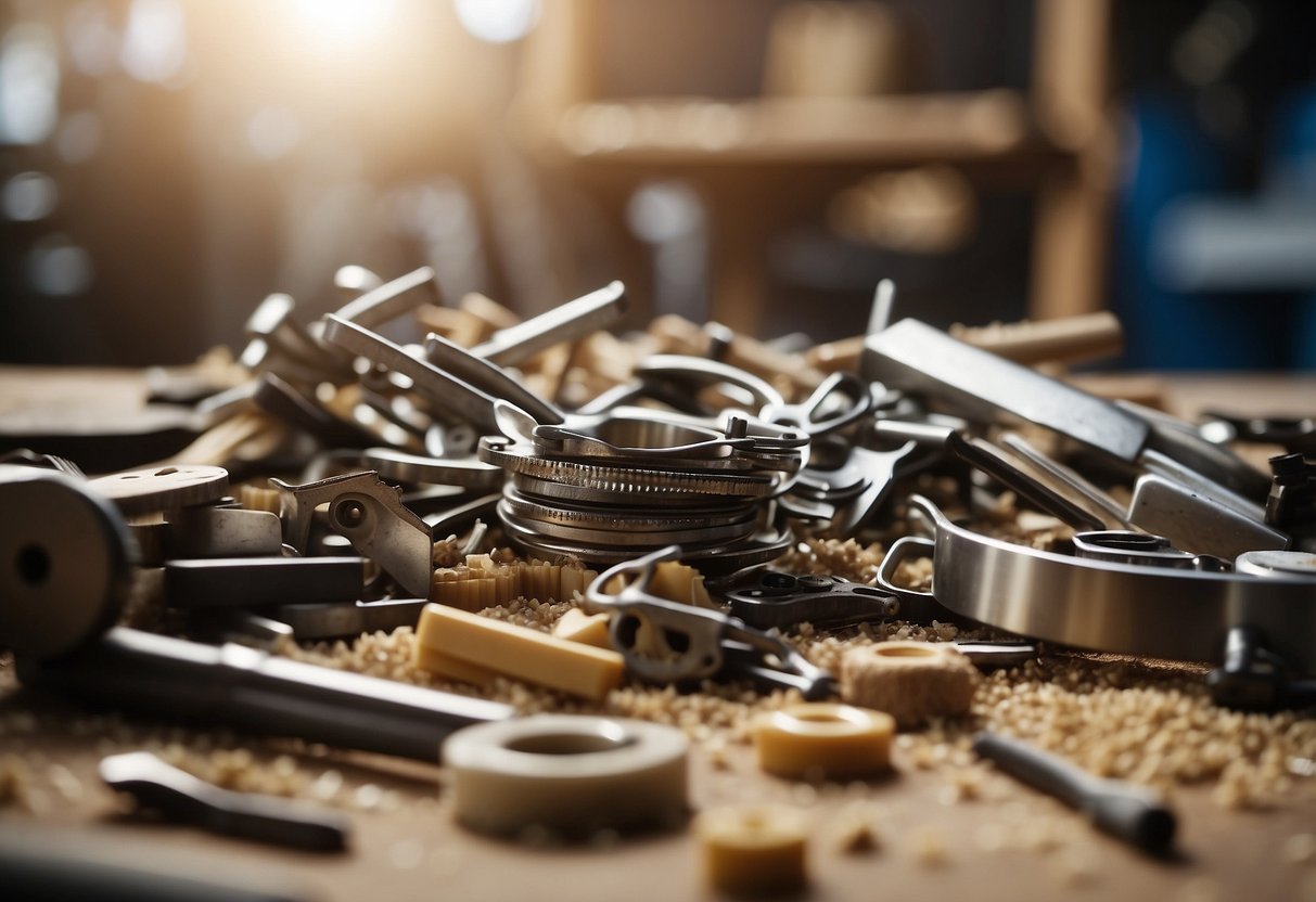 A pile of old furniture parts, being transformed into new pieces. Sawdust and tools scattered around