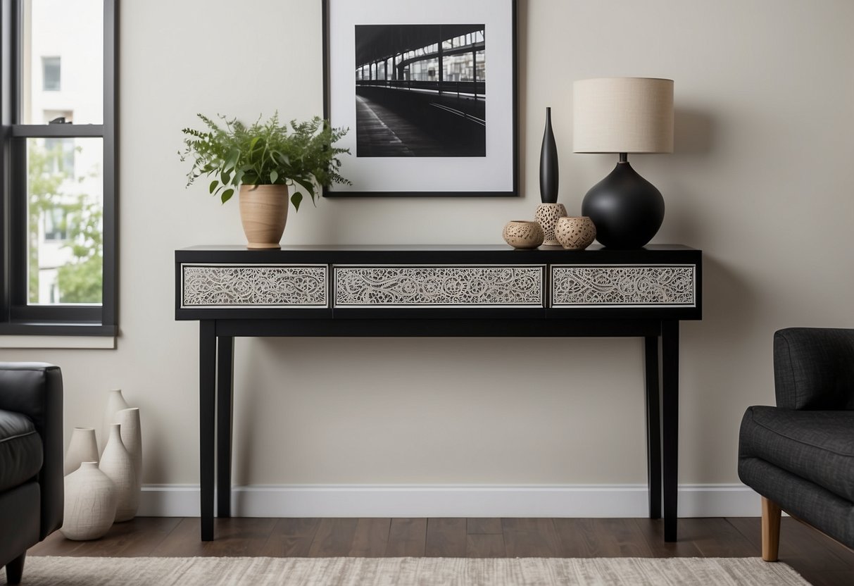 A sleek black console table with intricate white bone inlay designs, set against a backdrop of a minimalist, modern living room