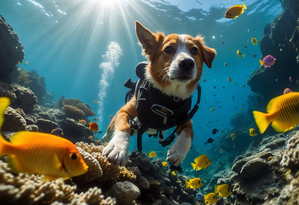 A dog and cat in scuba gear explore an underwater reef, following a diver's lead. The sun shines through the clear water, illuminating colorful fish and coral