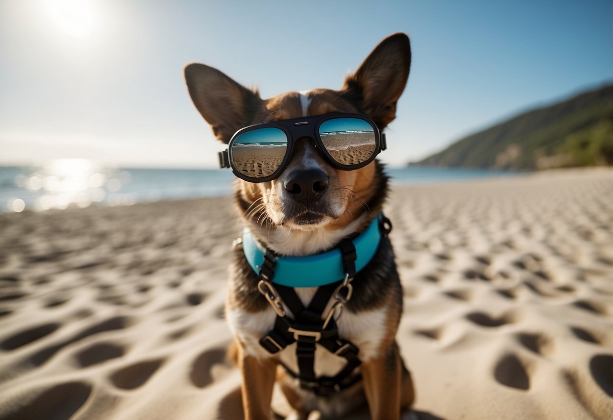 A dog with a diving mask and leash stands on a sandy beach next to a sign reading "Pet-Friendly Dive Site". The ocean sparkles in the background