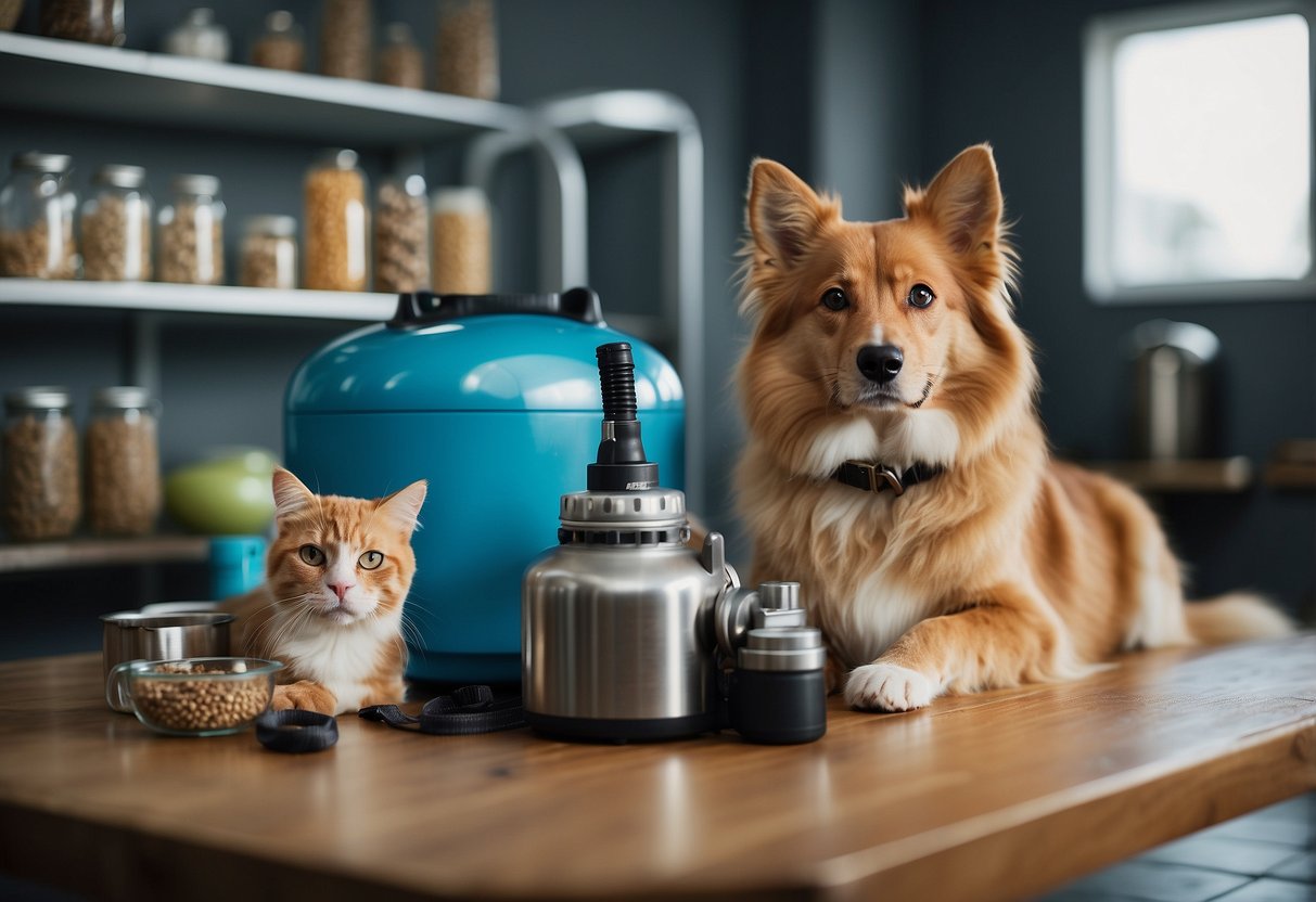 A dog and cat sit beside a scuba tank and diving gear, surrounded by healthy pet food and water bowls. A veterinarian's certificate hangs on the wall