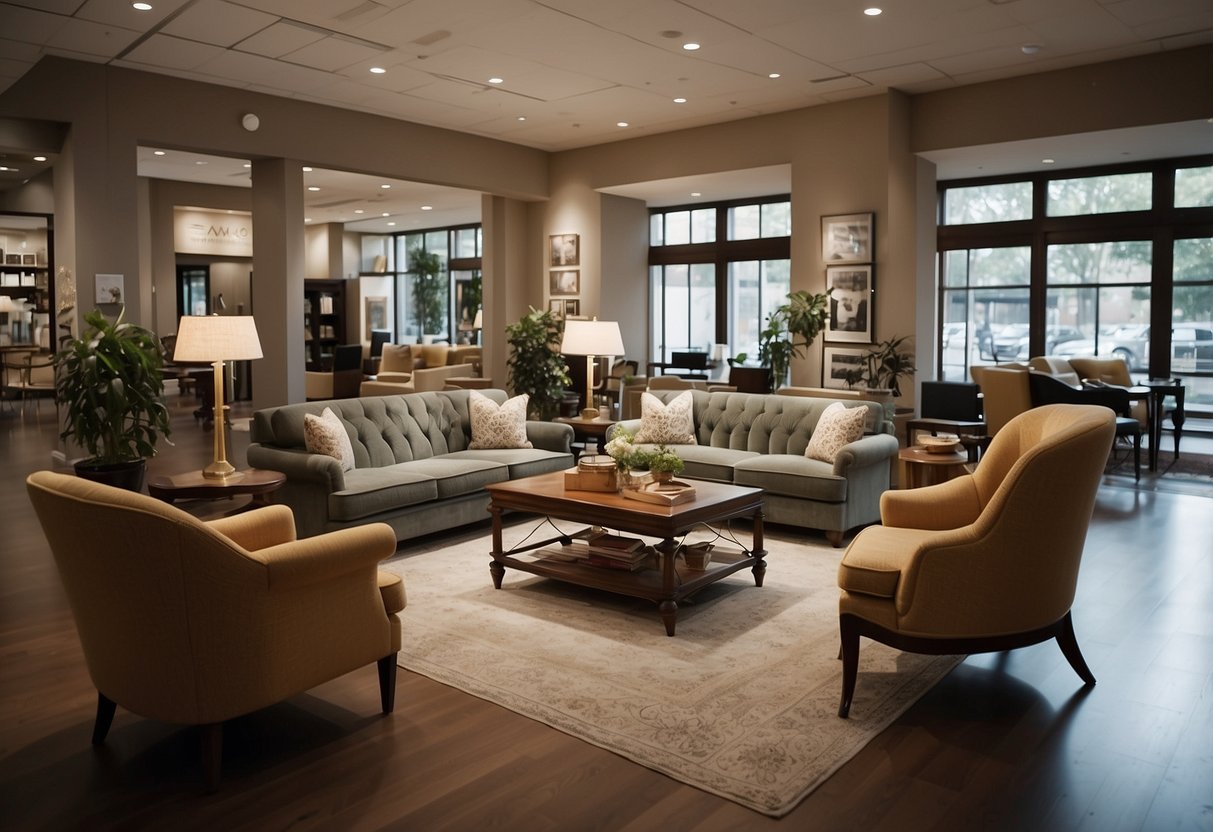 A showroom with elegant furniture displayed, customers browsing, and a sign reading "Frequently Asked Questions fine furniture" prominently displayed