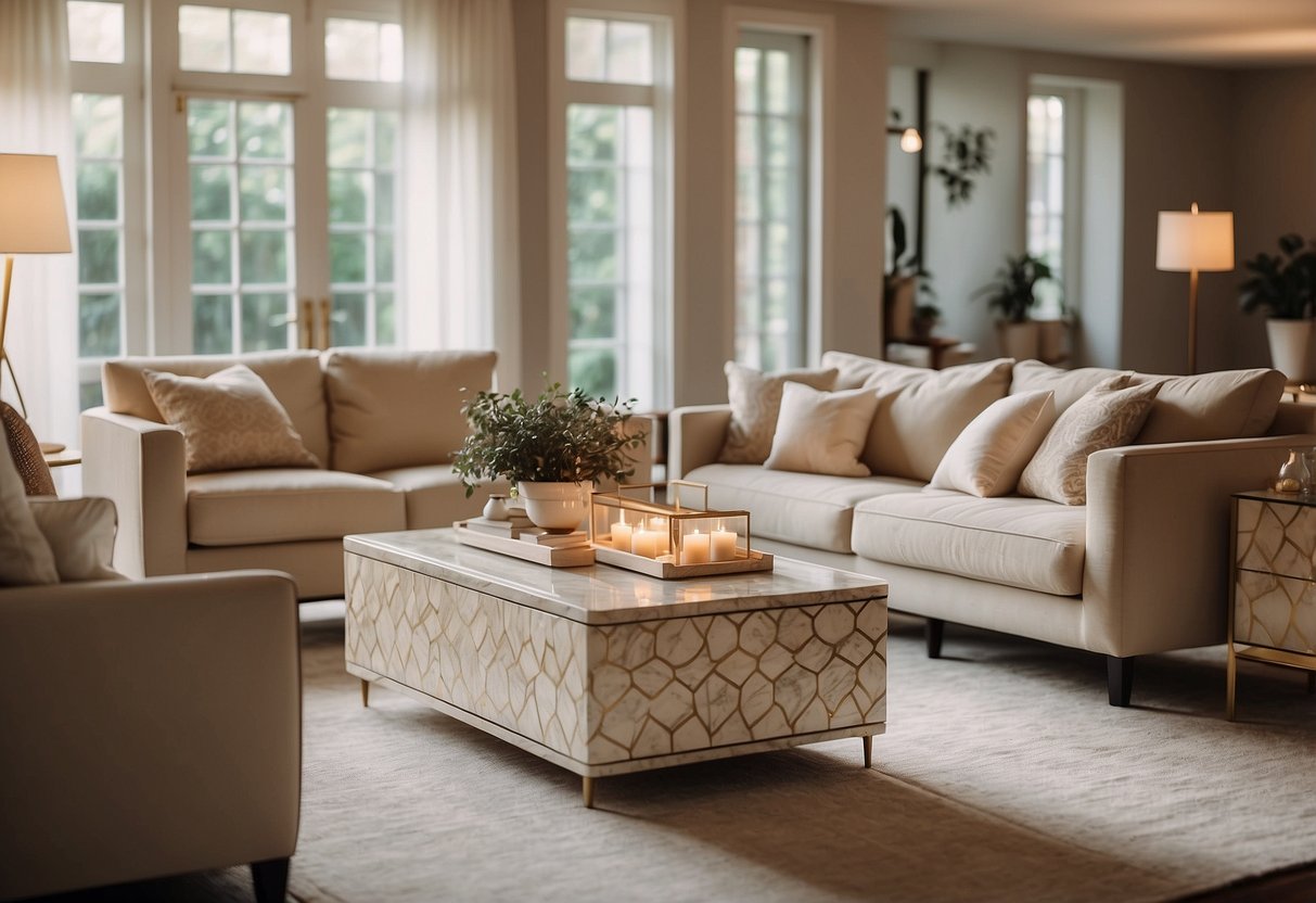A cozy living room with a bone inlay coffee table, sideboard, and mirror. Warm lighting and soft textiles create a welcoming atmosphere